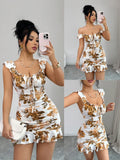 SHOPMOCHO Boho Style Women's Multicolor Mini Cami Dress With Shirred Details And Plants Pattern Sleeveless Flounce Hem