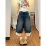 SHOPMOCHO American Retro Lace Denim Shorts Women Summer New Fashion Washed Splice Seven-Quarter Wide Leg Jeans Trendy Mid-Length Pants