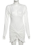 Shopmocho Weird Puss Chic Knot Dress Women V-Neck Long Sleeve Ruched Ruffled Hem Skinny Solid Elegant Birthday Simple Classic Mini Bodycon