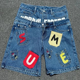 SHOPMOCHO  Vintage Letter Patchwork Women Man Short Jeans Y2k Hip Hop Fake Two Pieces American Style Jorts Baggy Streetwear Summer