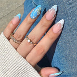 Shopmocho Blue White French 3D Flower Shell Nail Art Summer Beach Fashion Almond False Nails Detachable Finished Fake Nails Press on Nails