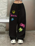 SHOPMOCHO Women's Autumn and Winter Plus-size Graffiti Pattern Loose Straight Fleece Leg Sweatpants Trendy Streetwear Stylish Versatile