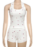 SHOPMOCHO Nibber Comfortable Heart Print 2 Piece Set Women Square Collar Sleeveless Crop Tops+Stretch Shorts Sweet Girls Fashion Outfits