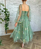 Shopmocho Prom Dresses Green Fairy Puffy Sleeve Lace Embroidery Tulle Formal Evening Party Gown Elegant Tea Lengt Robe De Soiré