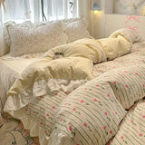 Shopmocho 1.5/1.8 Korean Style 100% Cotton Fitted Sheet Sets with Lace Flower Print Bedding Set for Seasons Home Bedclothes for Adult Kids