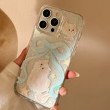 Shopmocho Cartoon Cat Case for iPhone 11 12 13 14 Plus 15 Pro MAXS Pearl Phone Case Shiny Bow Lanyard Shockproof Bumper Cover