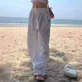 Shopmocho American Retro Butterfly Knot Full Print Paratrooper Pants Women Spring Summer Wide Leg Drawstring Casual Long Trousers