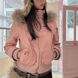 SHOPMOCHO Women American Retro Fur Collar Hooded Thick Padded Jacket 2026 New Slim Fit Short Coat Autumn Winter Cotton‑Padded