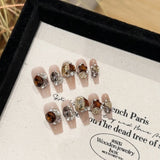 SHOPMOCHO Sweet Lovely Cartoon Bear Long Coffin Stiletto Fake Nails Bowknot Pearl Diamond Flowers Cat Eyes Wearable Fake Nails