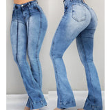 Shopmocho Women Slim Fit Denim Pants Bell Bottom High Waist Bootleg Jeans Stretch Female Flare Trouser Fashion Wide Leg Ripped Trousers