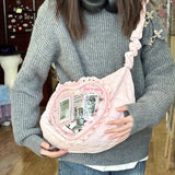 SHOPMOCHO Pink Cute Womens Shoulder Bag Pleated Love Heart Lolita Jk Ita Bag Drawstring Ballet Style Sweet Fashion Female Handbag
