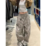 Shopmocho Women's American Retro Stitching Leopard Print Jeans Streetwear Hip-hop Loose Straight Trousers 2025 New Y2K Wide Leg Denim Pant