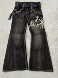 SHOPMOCHO Y2K new American retro embroidery pattern women horn -shaped jeans street fashion Gothic slim mop pants women jeans