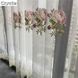 SHOPMOCHO American Luxury Peony Embroidery Tulle Curtain For Living Room European Elegant Flower Embroidery Sheer Voile Drapes For Bedroom