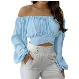 SHOPMOCHO Off Shoulder Shirts Puff Long Sleeve Y2K Crop Tops Summer Clothes Women 2026 Black White Blouse Bandage Elegant Sexy Women Shirt
