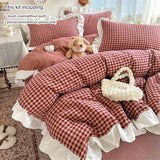 SHOPMOCHO 3pcs red,black plaid Duvet Cover Set (1*Duvet Cover + 2*Pillowcase, Without Core), Lace embroidery Bedding Set