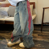 SHOPMOCHO Autumn And Winter Korean Fashion Women'S Straight Leg Jeans With Side Stripes Wide Leg Pants Casual Pants Blue Jeans
