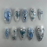 Shopmocho 24Pcs Blue Almond Press on Nails with 3D Pearl Design Mid-length Oval False Nails Tips Bow Pattern Wearable Fake Nail for Women