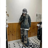 SHOPMOCHO American Retro Vibe Style Workwear Denim Jacket Women's Autumn Loose Design Washed Distressed Cardigan Jacket Trendy