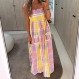 Shopmocho Combhasaki Women Summer Striped Adjustable Thin Spaghetti Straps Ric-Rac Trim Flowy Beachwear A-line Slip Cami Pocket Long Dress