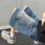 SHOPMOCHO Summer New Baggy Denim Shorts Fashion Casual Straight Harajuku Jeans Male Vintage Wash Drawstring Short Pants Streetwear