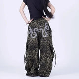 SHOPMOCHO Leopard Snake Print Ruching Cargo Pants Street Retro Loose Lazy Sporty Pants Jazz Hiphop Dance Casual Wide Leg Trousers