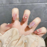 Shopmocho 24Pcs Glitter Diamond Press On Nails Sweet Cute Girl Acrylic Nails Full Cover Short Square Fake Nails Wearable Manicure Nail Tip