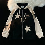 Shopmocho American Retro Star Patch Designs Zipper Hoodie Women 2025 New Street Popular Joker Sweatshirt Unisex Stitching Loose Casual Top