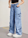 SHOPMOCHO Girl's Denim Pants, Y2K Five-Star Patch Embroidery Pattern Straight-Leg Denim Pants, Holiday-Style Pants