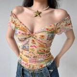 Shopmocho Women Summer New Floral Print Mesh Slim Fit Crop Top Sexy Deep Neck Short Sleeve T-Shirt Women Spicy Girl Top
