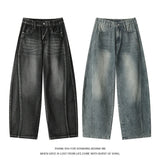 SHOPMOCHO Plus Size Men's Curved Denim Jeans Retro High Street Washed Splice Loose Floor-Length Baggy Streetwear Trousers