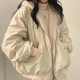 Shopmocho Korean Style Fleece-lined Thickened Double-sided Wear Lamb Wool Cotton-padded Coat Women's Clothing Winter Loose-fit Hooded Top