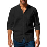 Shopmocho Chemise en coton et lin pour hommes, col Henley, couleur unie, légère, respirante, coupe cintrée, simple boutonnage, manches longues, boutonnée