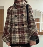 Shopmocho Warm Checkered Turtleneck Shoulder Straight Coat Women Double Breasted Full Sleeve Middle Long Coat Lady Autumn Winter Chic Coat