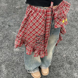 Shopmocho Adjustable Star Layer Outfits Plaid Skirt Hip-hop Sweet Lace Up Hip Scarf Korean Style Y2K Ruffled Edge Waistband Jeans Decor