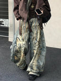 Shopmocho American Street Destruction Style Embroidered Denim Pants Oversized Retro Wash Personality Fashion Loose Casual Wide Leg Jeans