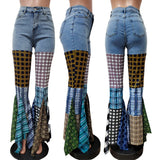 SHOPMOCHO Women Jeans 2025 Summer Fashion Spliced Houndstooth Denim Ruffle Edge Flared High Waist Jeans Pants Female Trousers Streetwear