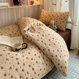 SHOPMOCHO Bedding Set Double Layered Yarn INS Girls Mushroom Soft Washed Cotton Bed Sheet Queen King Size Duvet Set Pillowcase Bed Sheet