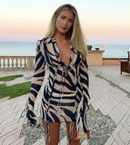 Shopmocho Yiiciovy Women's Sexy Blue Striped See-through Bikini Cover-Ups Lace Up V-neck Beachwear Bathing Dress Cover-Ups Swimwears 2025