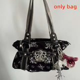 SHOPMOCHO Y2k Retro Pleated Printed Metal Badge Shoulder Bag Pink Large Capacity Open Tote Bag Fashionable Simple Commuting Crossbody Bag