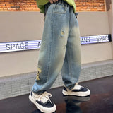 SHOPMOCHO Boys' denim trousers, suitable for spring and autumn, children's pants with cartoon prints, casual style for outdoor street wear