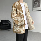 SHOPMOCHO Men Printed Sweater Coat Top quality V Neck Knitted Cardigan Autumn Lazy Chic Elegant Sweater Men High Street Hip Hop Oversized