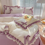 SHOPMOCHO Spring Green Princess Bedding Set Double Layer Lace Bow Quilt Cover Sheet And Pillowcase Simple Pastoral Girl Home Textiles