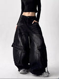 SHOPMOCHO 2025 American Retro Y2K Style Washed Distressed Blue Baggy Women's Cargo Jeans Pants For Woman Clothing Wide Leg Denim Trousers