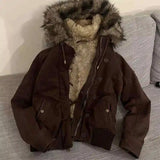 SHOPMOCHO Autumn Winter Vintage Windproof Hooded Jacket Lambswool Lining Warm Zipper Hoodie Women Cotton Brown Zipper Jackets Y2k Coat