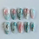 SHOPMOCHO 24Pcs Black Y2k Long False Nails with Almond Head Design Cat's Eye Silver Stripe Pattern Press on Fake Nails Wearable Nail Tips