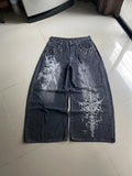 SHOPMOCHO American New Fashion Oversized Pattern Printed Washed Jeans Men Y2K Gothic Rock Popular Casual Joker High Waist Wide Leg Pants