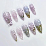 SHOPMOCHO 24Pcs Pink Almond False Nails Butterfly Ballet with French Design Wearable Fake Nails Simple Artificial Press on Nails Tips Art