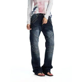 SHOPMOCHO Y2K New Retro Rivet Letter Embroidered Low Waist Jeans for Women Washed Old Slim Street Wear Goth Jeans