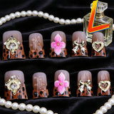 SHOPMOCHO 10PCS Diamond French Pointed Nail Short Square Nail Nude Fake Nail With Gold Glitter Diamond Nail Leopard Print Fake Nail